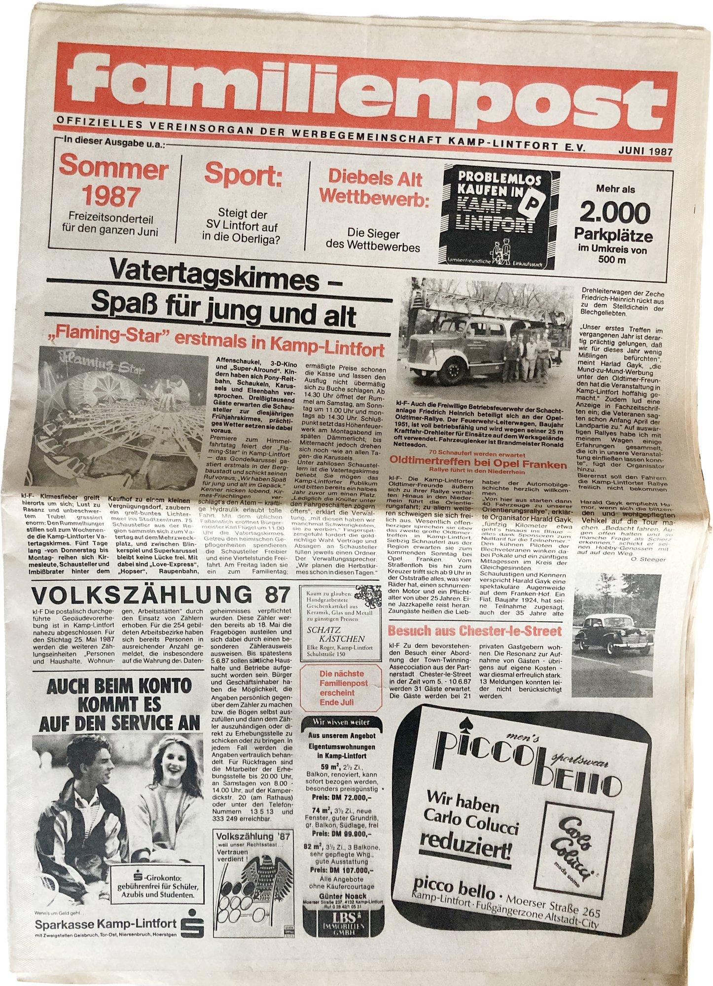 Titelseite einer historischen Familienpost-Ausgabe vom Juni 1987, damals Vereinsorgan der Werbegemeinschaft Kamp-Lintfort e. V.