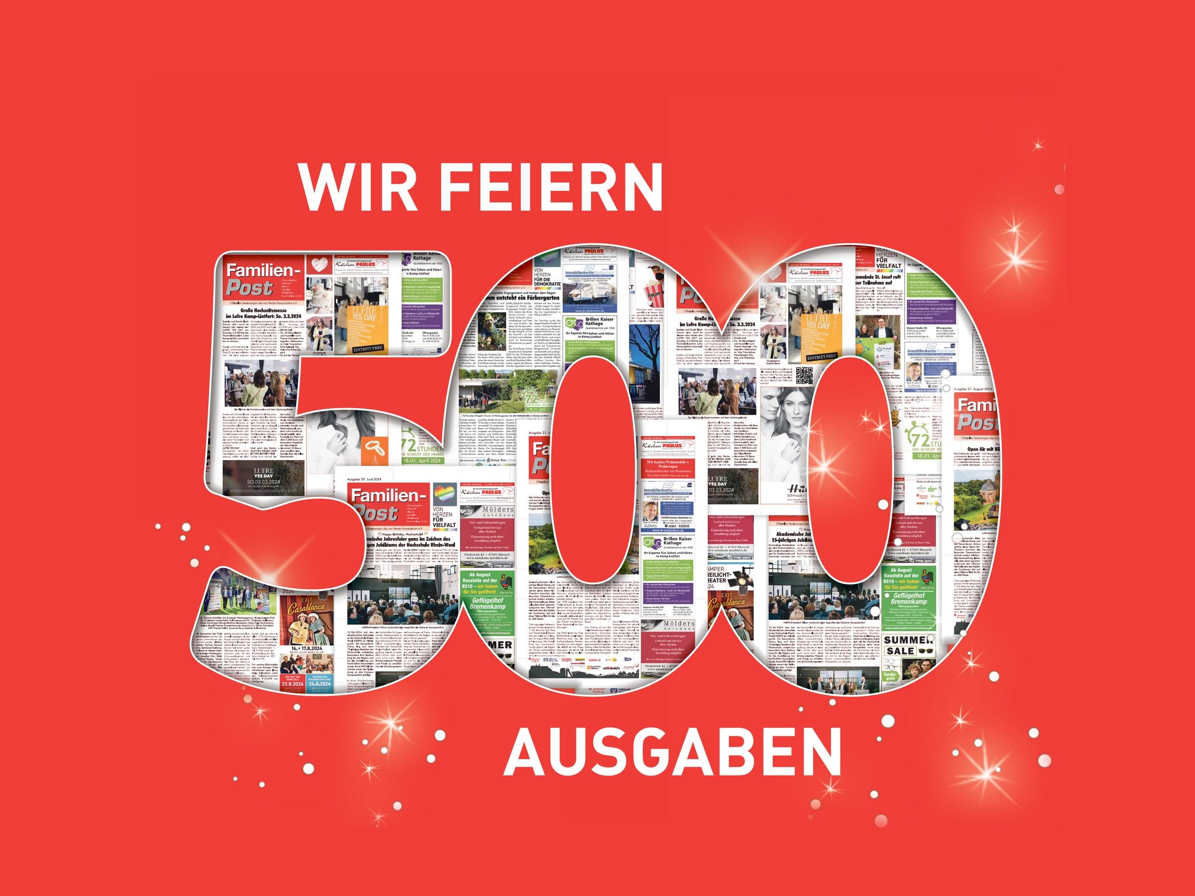 Titelseite der 500. Ausgabe der Familienpost mit dem Schriftzug „Wir feiern 500 Ausgaben“