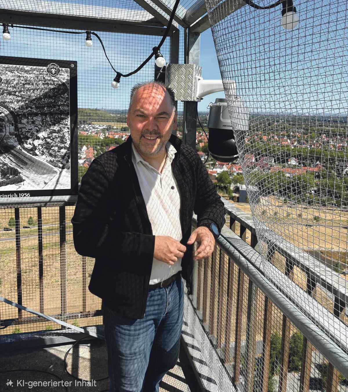 Niederrheinfotograf Stefan Büschken auf der Aussichtsplattform des Zechenturms neben der neuen Wettercam