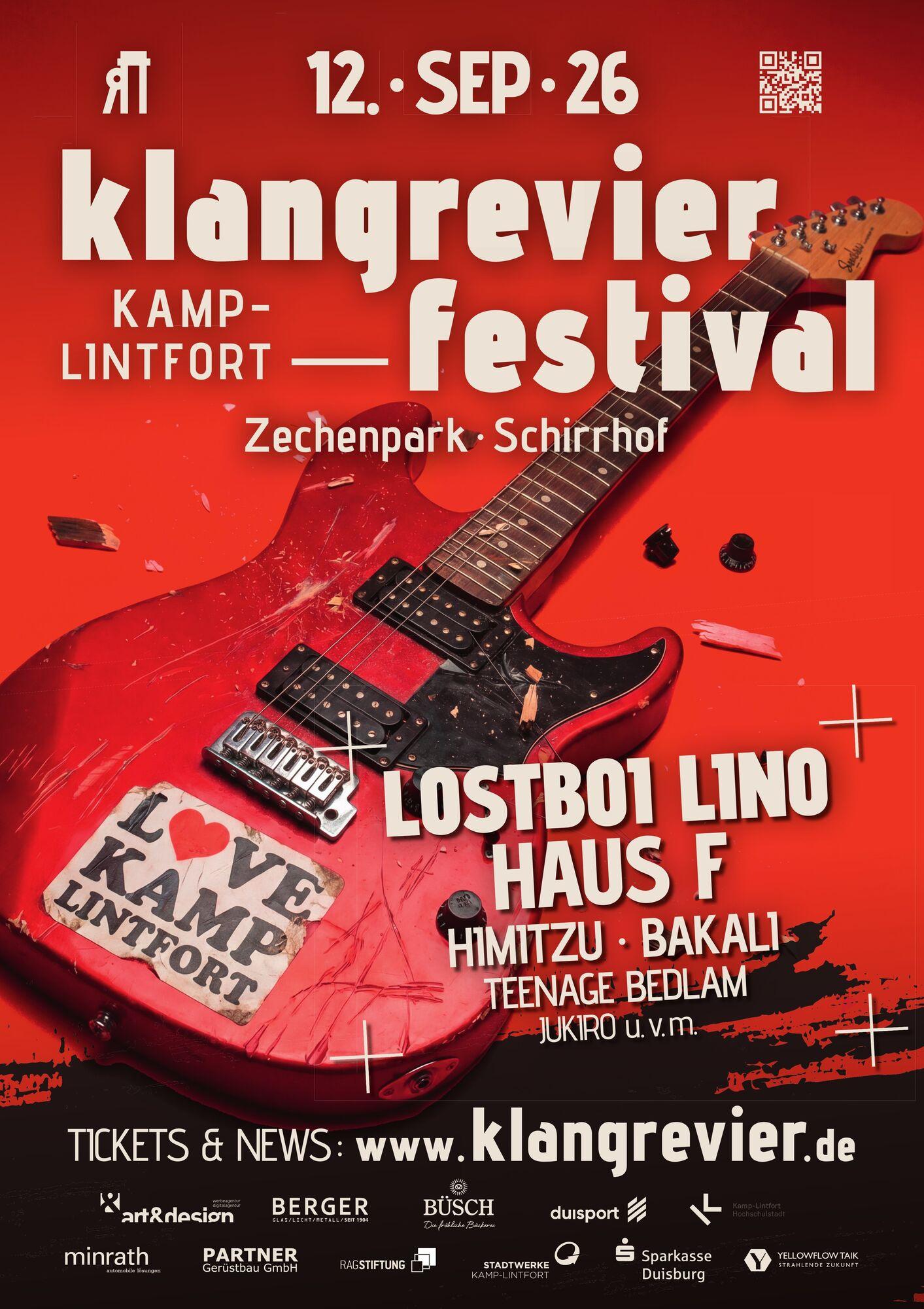 Plakat des klangrevier festivals 2026 am 12. September im Zechenpark Schirrhof mit LOSTBOI LINO, Haus F, HIMITZU, BAKALI, Teenage Bedlam und JUKIRO